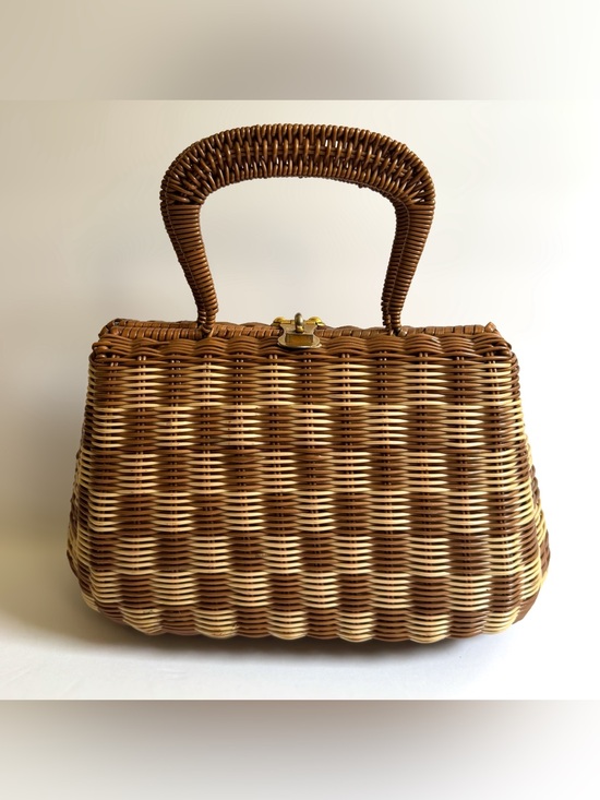 Handbags - Vtg Checkered Wicker Handbag Purse Basket Bag Turn Lock Boho Cottagecore Coastal